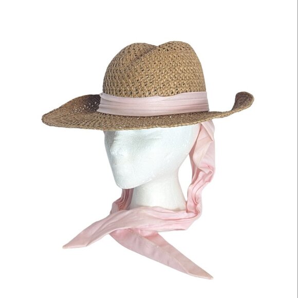 Cottage Core Straw Hat Neck SPF Scarf Sun Beach Coastal Boho Wide Brim - Picture 2 of 7